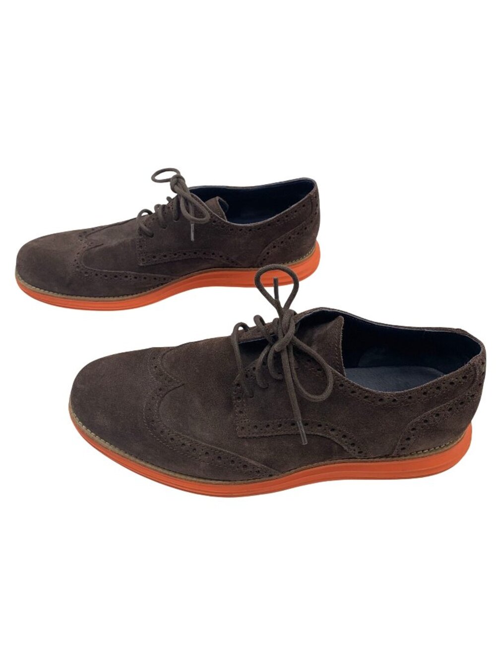 Cole Haan LunarGrand Brown Suede Wingtip Oxford Shoes Orange Soles Men 10.5